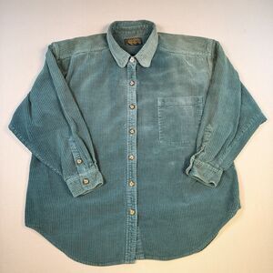 VTG Eddie Bauer Heavy Corduroy Shirt Womens L Green Long Sleeve Button Down Fade